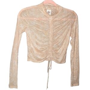 S • Self Esteem • Mushroom Sheer Crop Long Sleeve Ruched Drawstring Top